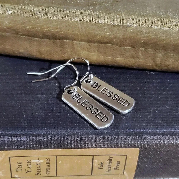 Handcrafted Blessed Inspirational Word Message Carved Silver Black Earrings - Picture 4 of 9